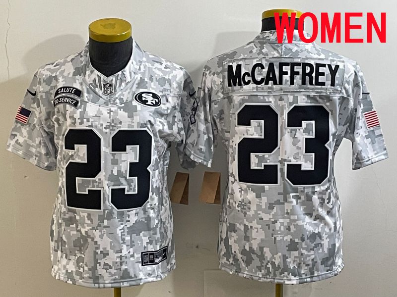 Women San Francisco 49ers #23 Mccaffrey Nike Arctic Camo 2025 Salute to Service Limited NFL Jersey style 1->women nfl jersey->Women Jersey